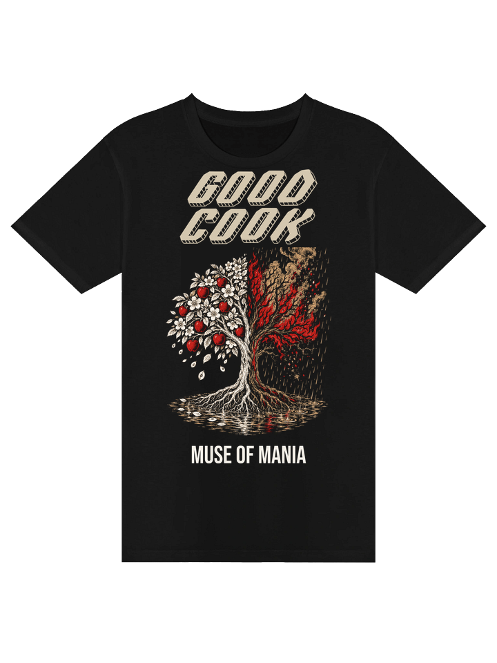 Muse of Mania Tee — Good Cook wordmark over a half-blooming, half-burning apple tree on a black tee